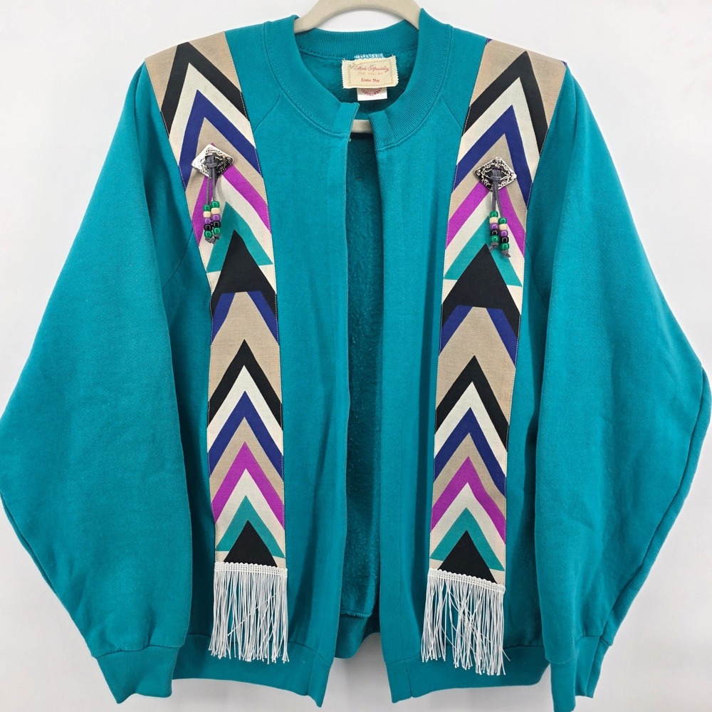 XL Upcycled teal sweater cardigan Geometric aztec‎ western tassel Beaded Jacket